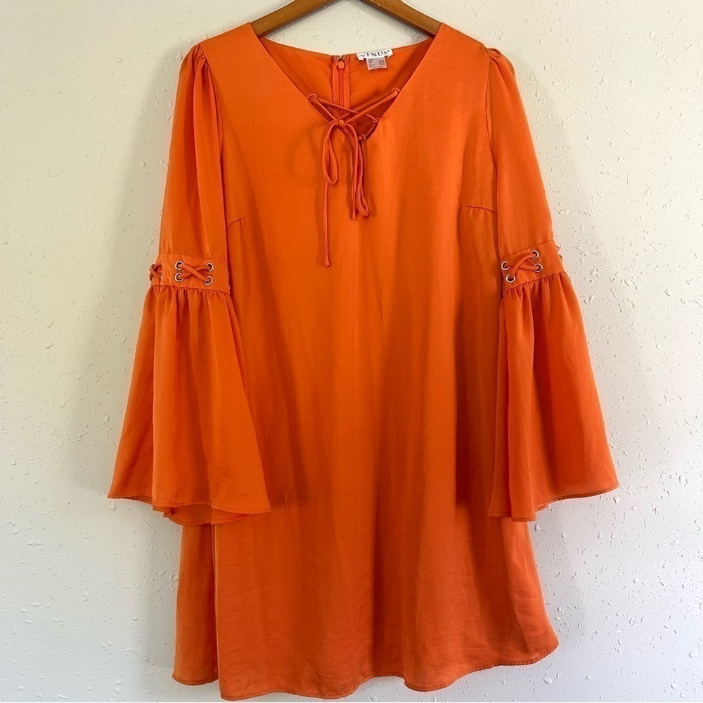 🦋 Venus Orange Bell Sleeve Lace Up Mini Dress Small Fall Halloween